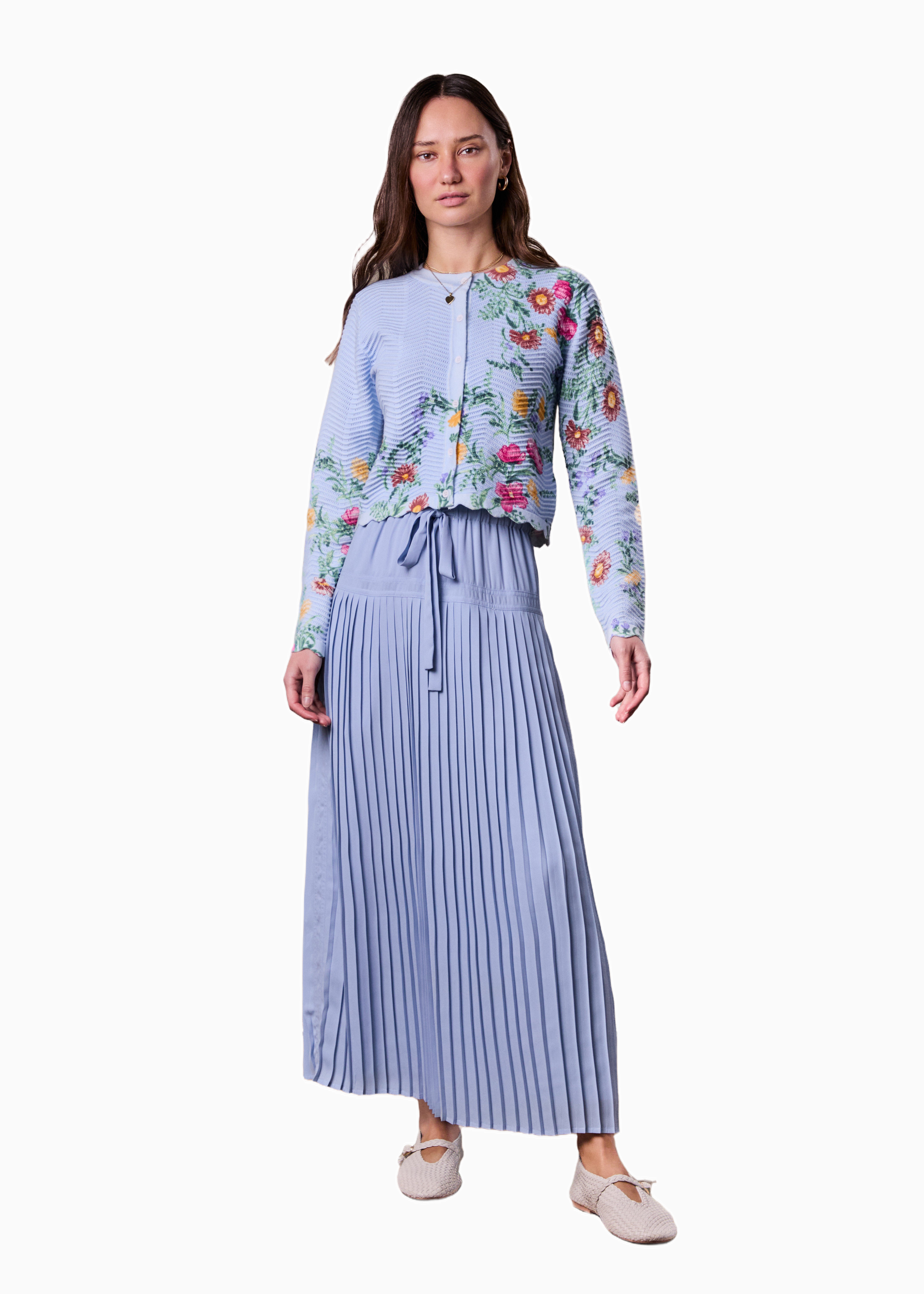 Light Blue Chiffon Drop Waist Pleated Skirt Casual Elegant Feminine-0